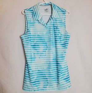Puma Golf Shirt Baby Blue Striped Dry Fit Women's Large Athletic Wear Sleeveless